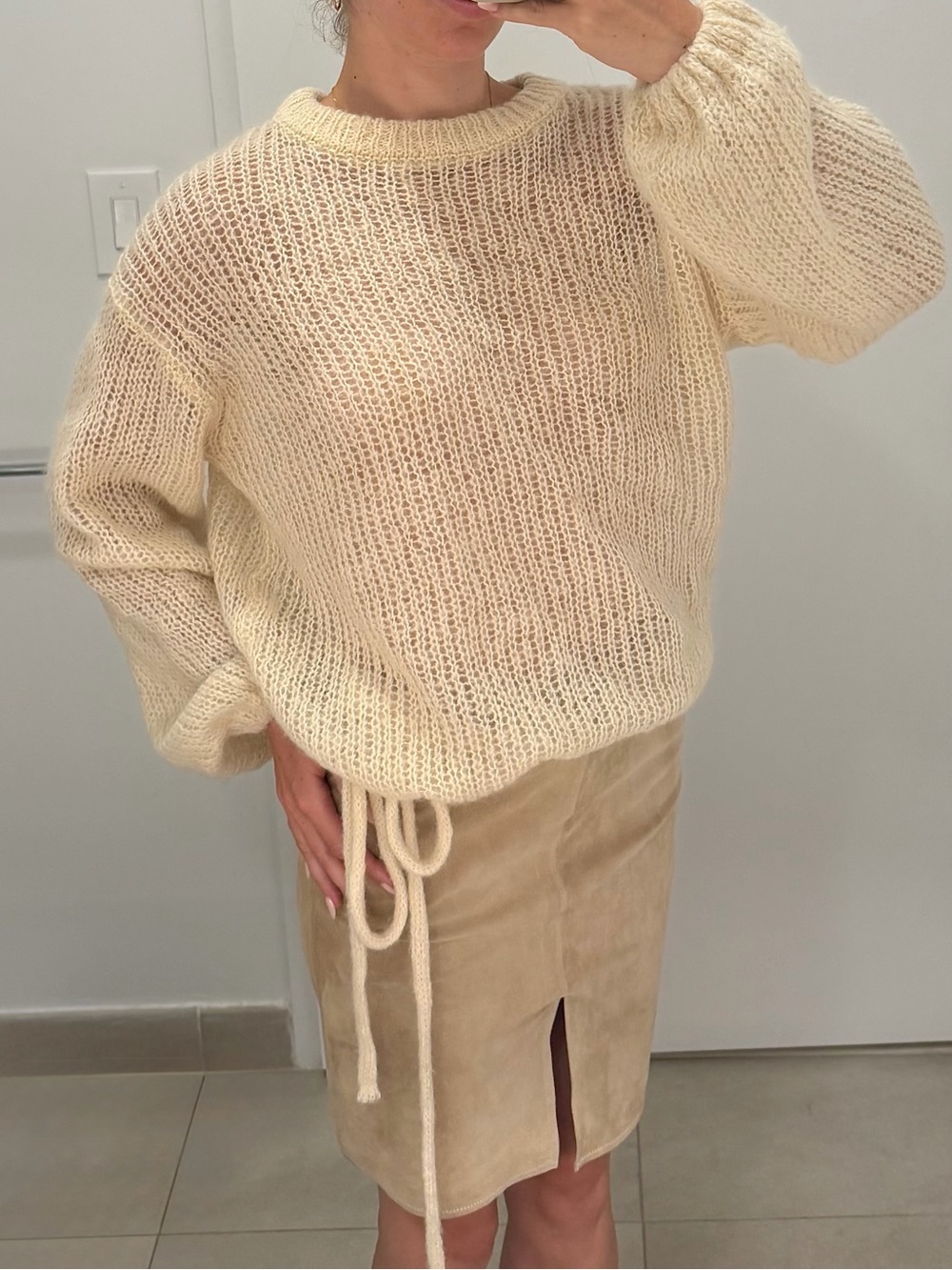 Zara Cream Open-Knit Crew Sweater with Tie Detail